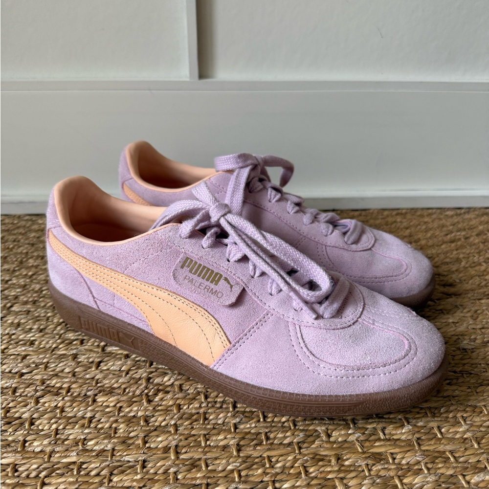 Puma Palermo Women’s Leather Suede Sneaker (Grape Mist - Peach Fizz; size 9.5)